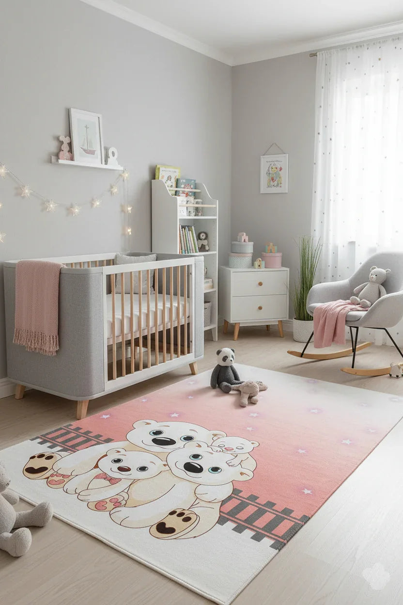 Sevimli Kutup Ayıları Ailesi Pembe Yıldızlı Çocuk Halısı-Pera Halı