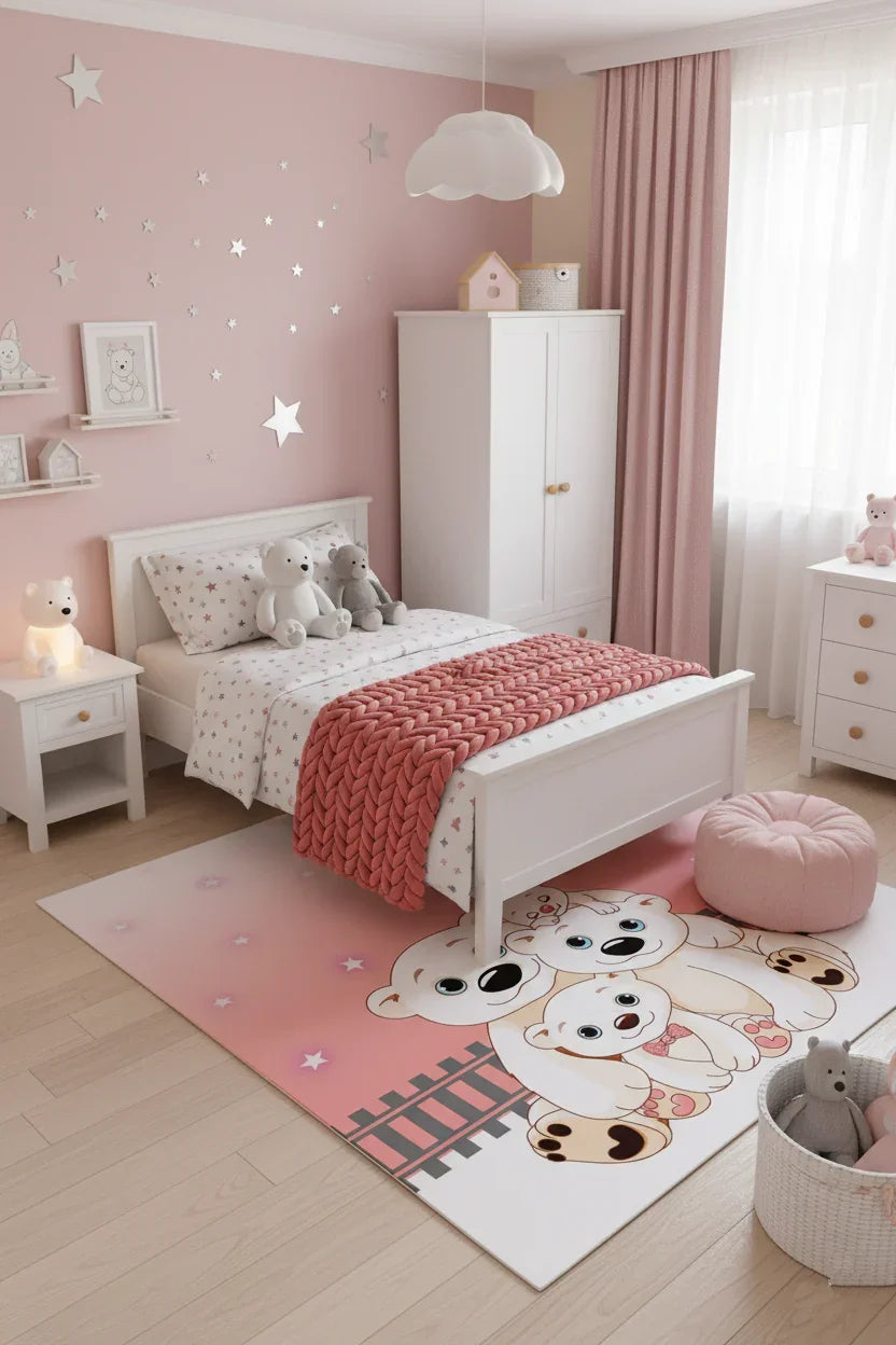 Sevimli Kutup Ayıları Ailesi Pembe Yıldızlı Çocuk Halısı-Pera Halı