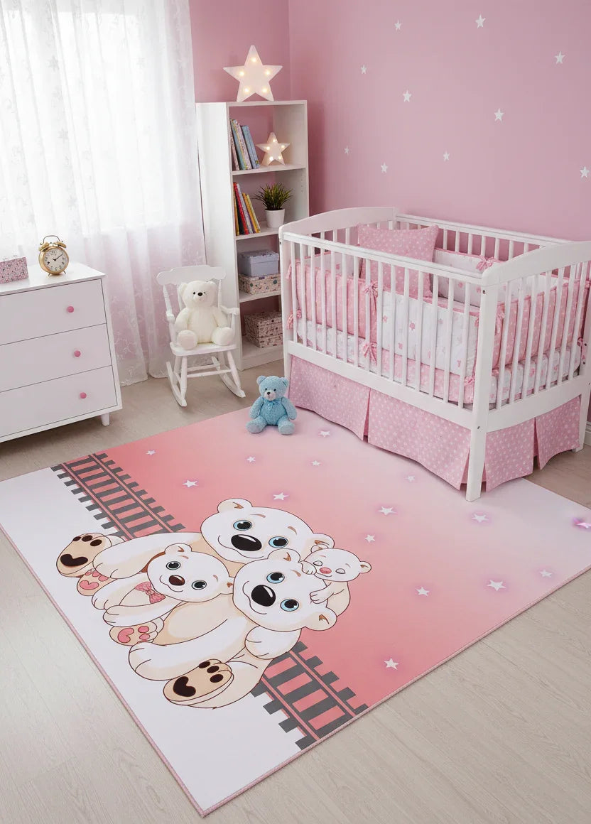 Sevimli Kutup Ayıları Ailesi Pembe Yıldızlı Çocuk Halısı-Pera Halı