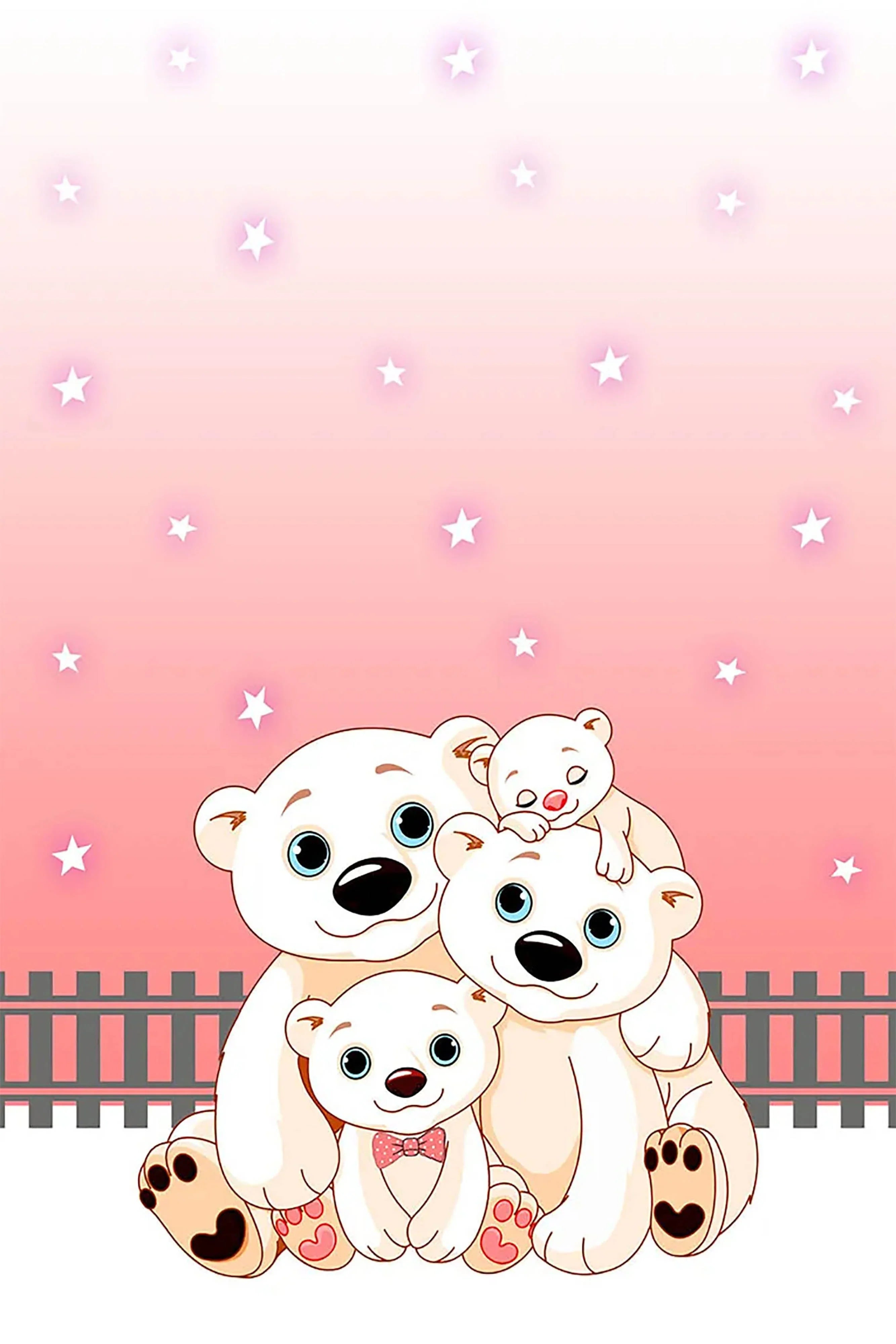 Sevimli Kutup Ayıları Ailesi Pembe Yıldızlı Çocuk Halısı-Pera Halı