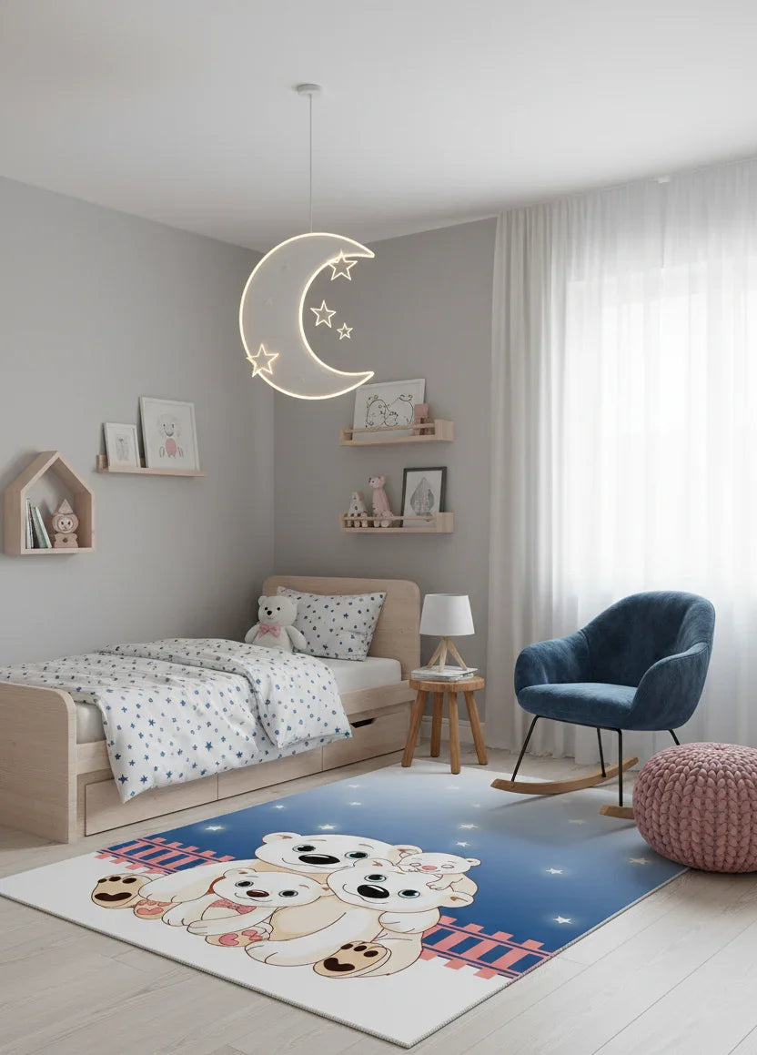 Sevimli Kutup Ayıları Desenli Mavi Çocuk Halısı-Pera Halı