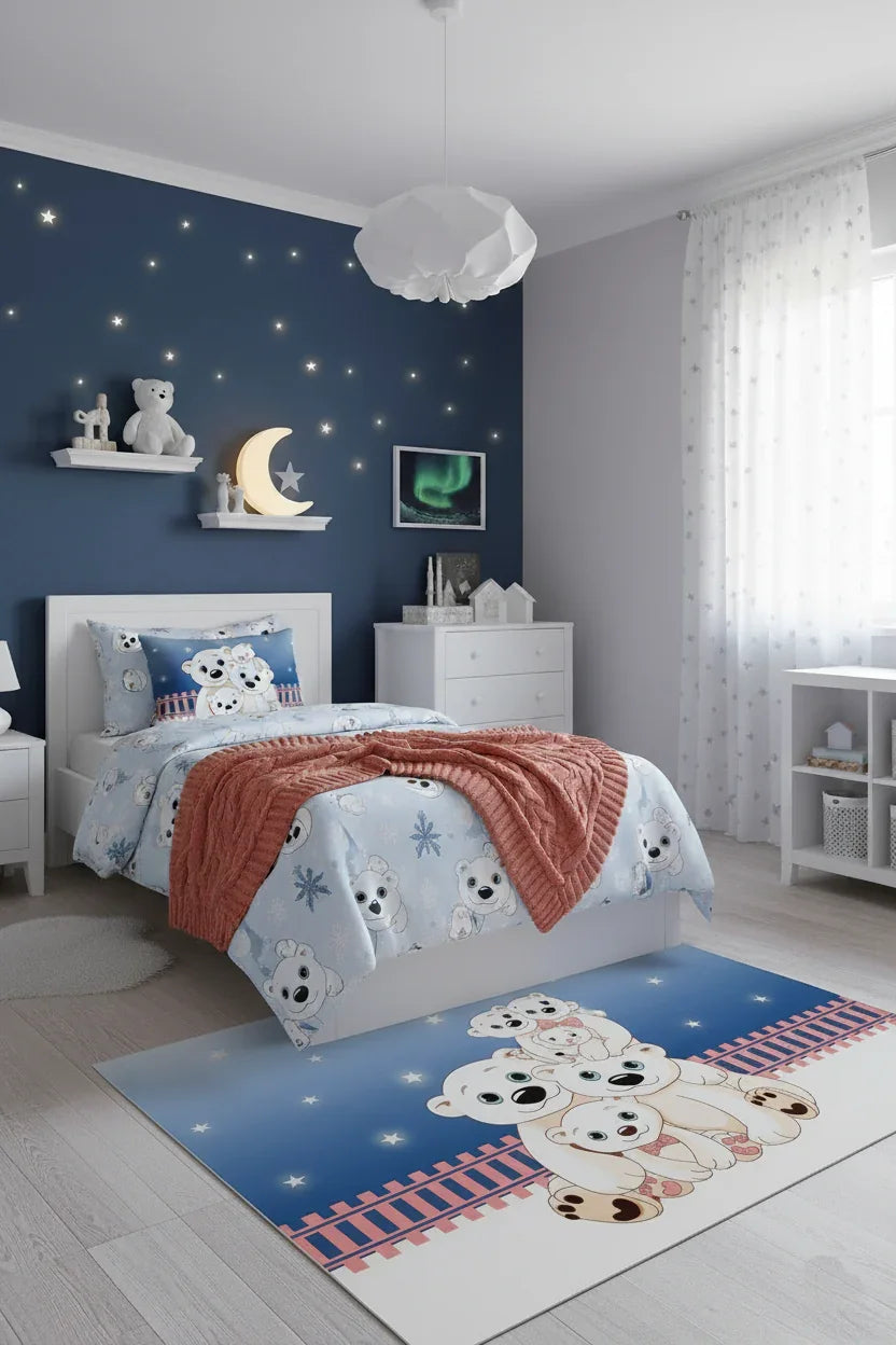 Sevimli Kutup Ayıları Desenli Mavi Çocuk Halısı-Pera Halı