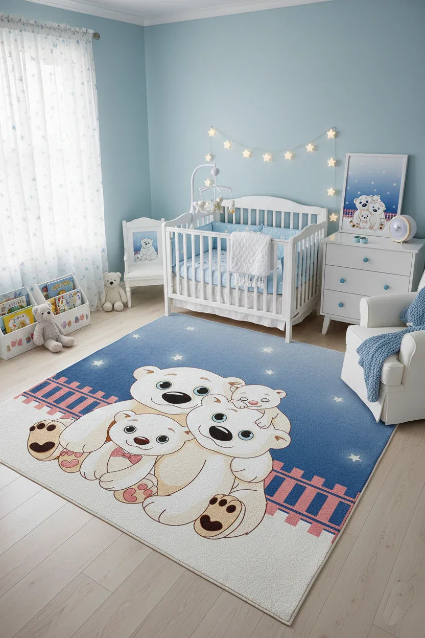 Sevimli Kutup Ayıları Desenli Mavi Çocuk Halısı-Pera Halı