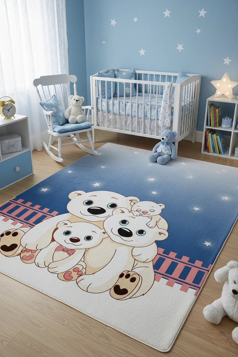 Sevimli Kutup Ayıları Desenli Mavi Çocuk Halısı-Pera Halı