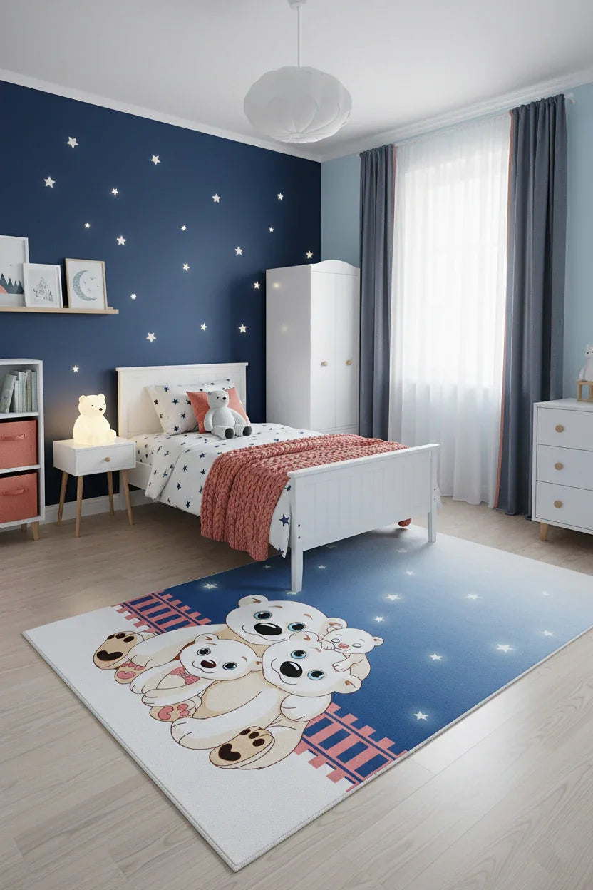 Sevimli Kutup Ayıları Desenli Mavi Çocuk Halısı-Pera Halı