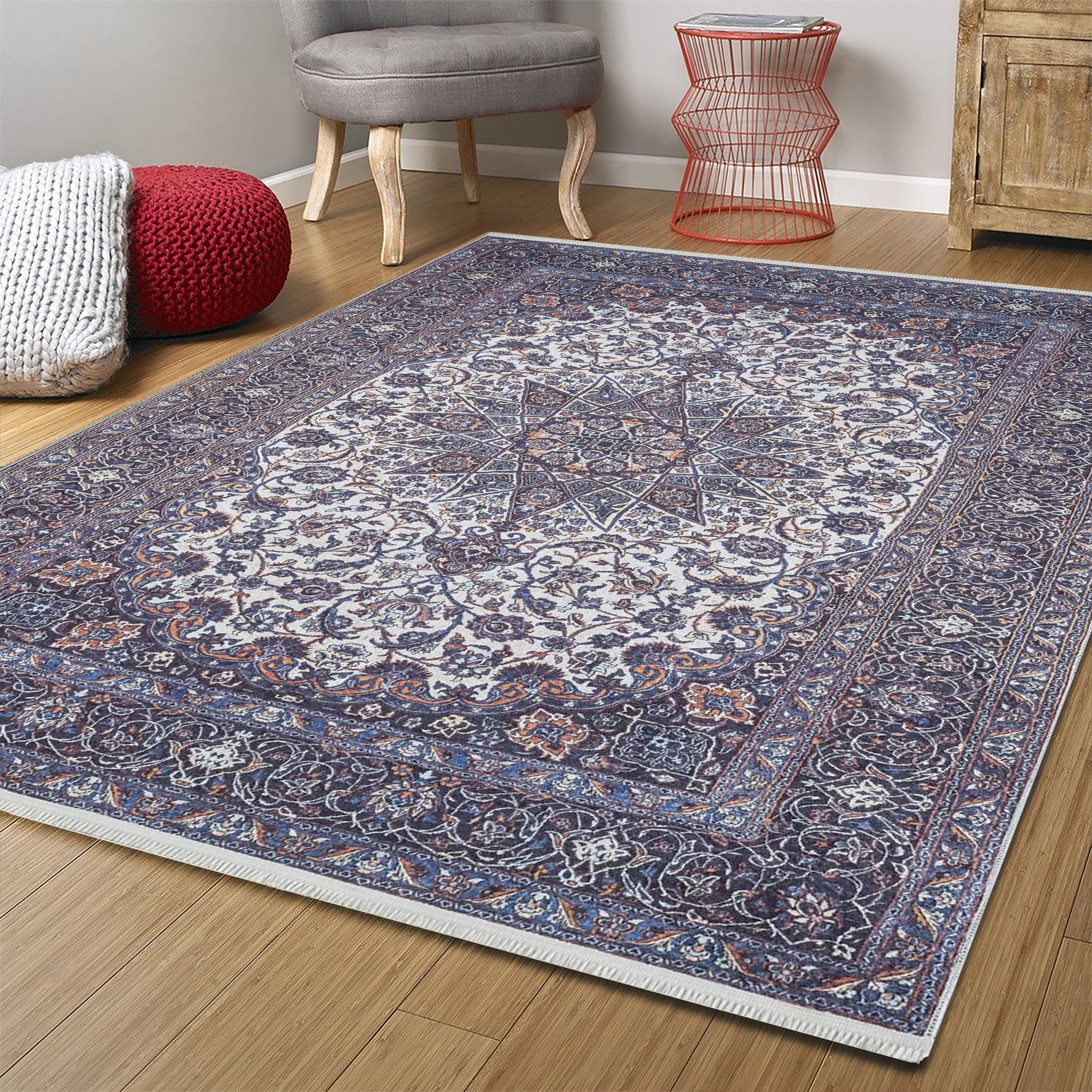Eşsiz Antik Desenli Beyaz Lacivert Kilim Halı - Pera Halı