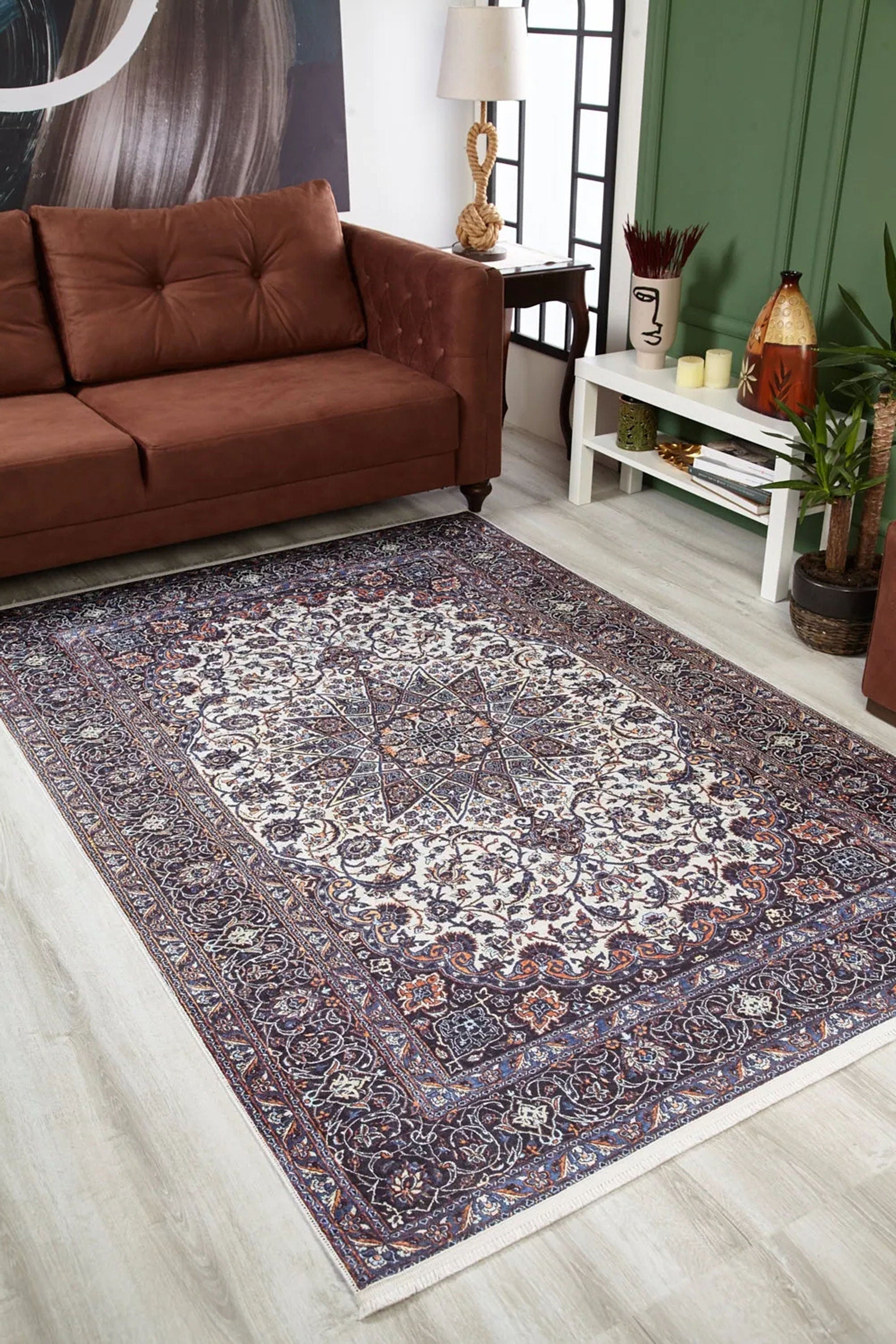 Eşsiz Antik Desenli Beyaz Lacivert Kilim Halı - Pera Halı