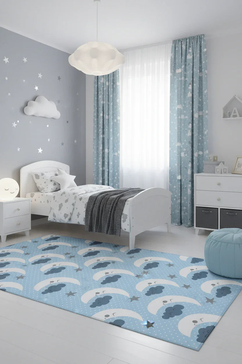 Şirin Ay ve Bulut Desenli Mavi Çocuk Halısı-Pera Halı