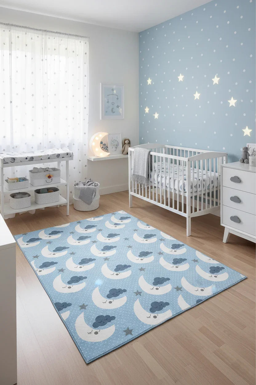 Şirin Ay ve Bulut Desenli Mavi Çocuk Halısı-Pera Halı