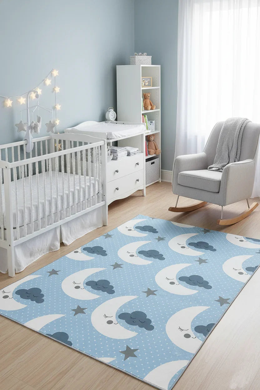 Şirin Ay ve Bulut Desenli Mavi Çocuk Halısı-Pera Halı