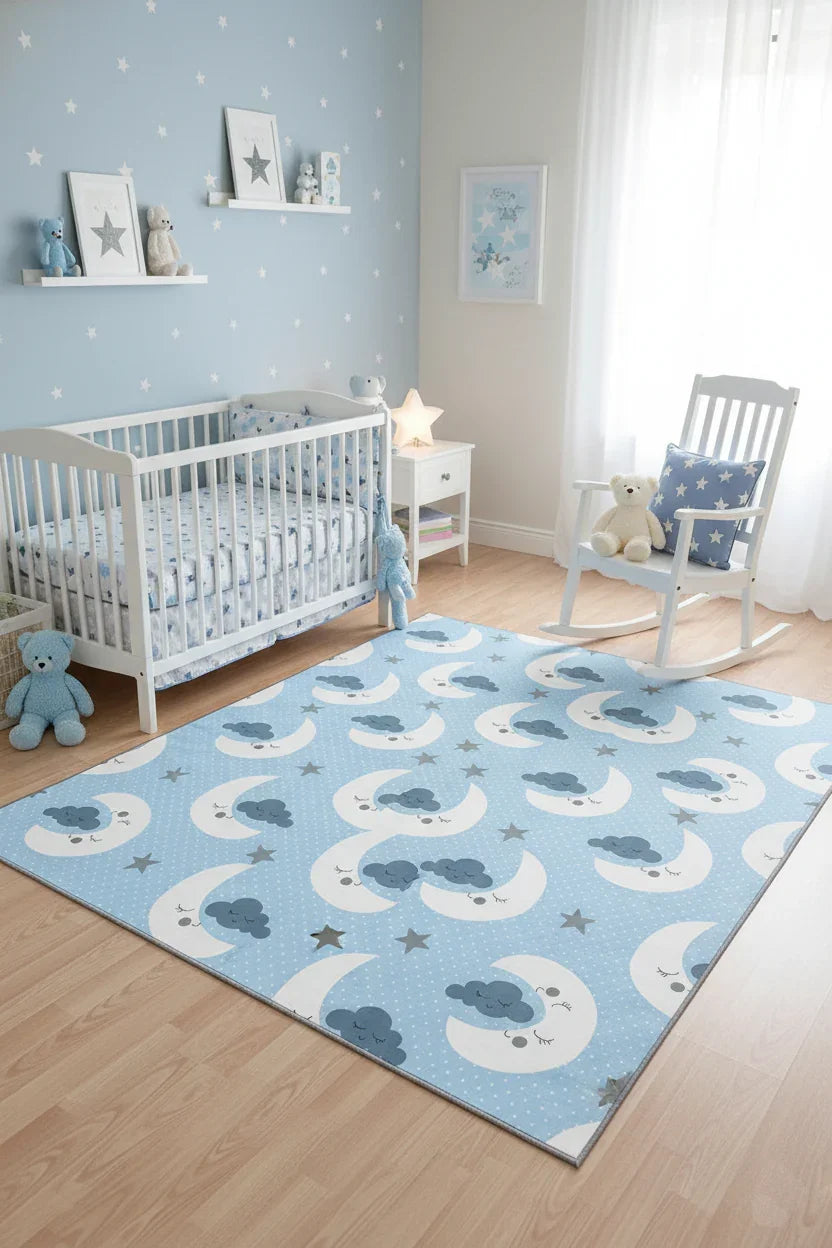 Şirin Ay ve Bulut Desenli Mavi Çocuk Halısı-Pera Halı