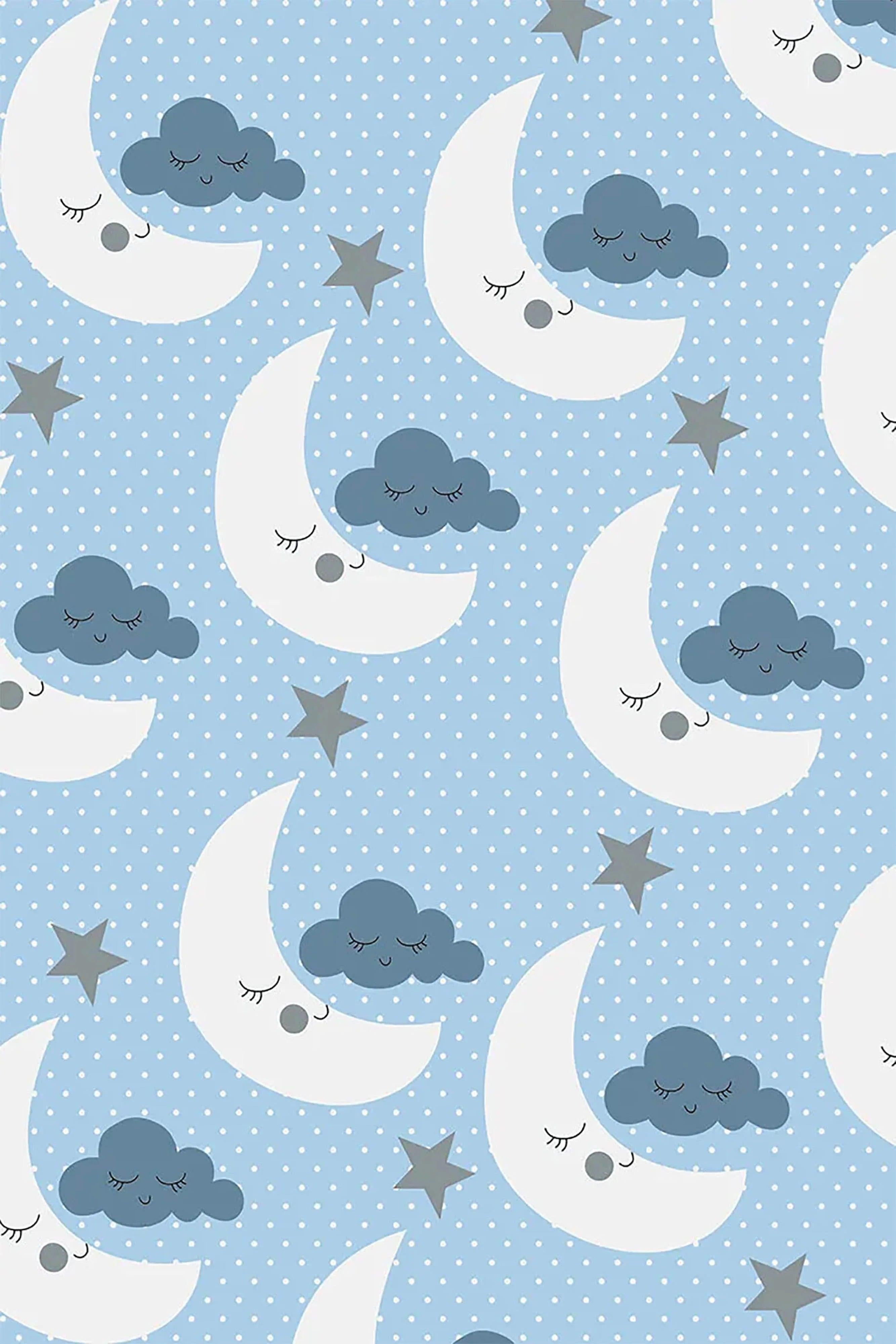 Şirin Ay ve Bulut Desenli Mavi Çocuk Halısı-Pera Halı