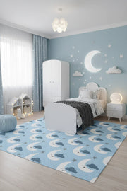 Şirin Ay ve Bulut Desenli Mavi Çocuk Halısı-Pera Halı