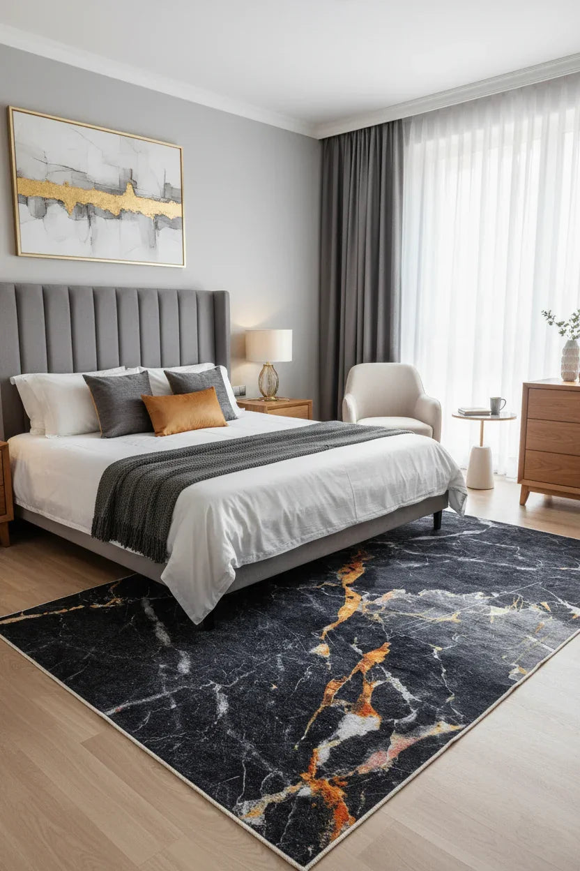 Siyah Altın Mermer Desenli Modern Halı-Pera Halı