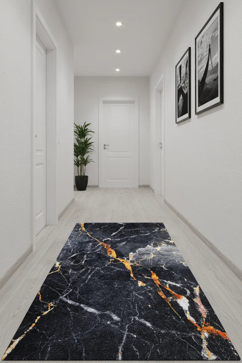 Siyah Altın Mermer Desenli Modern Halı-Pera Halı