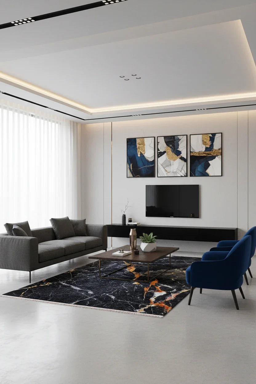 Siyah Altın Mermer Desenli Modern Halı-Pera Halı