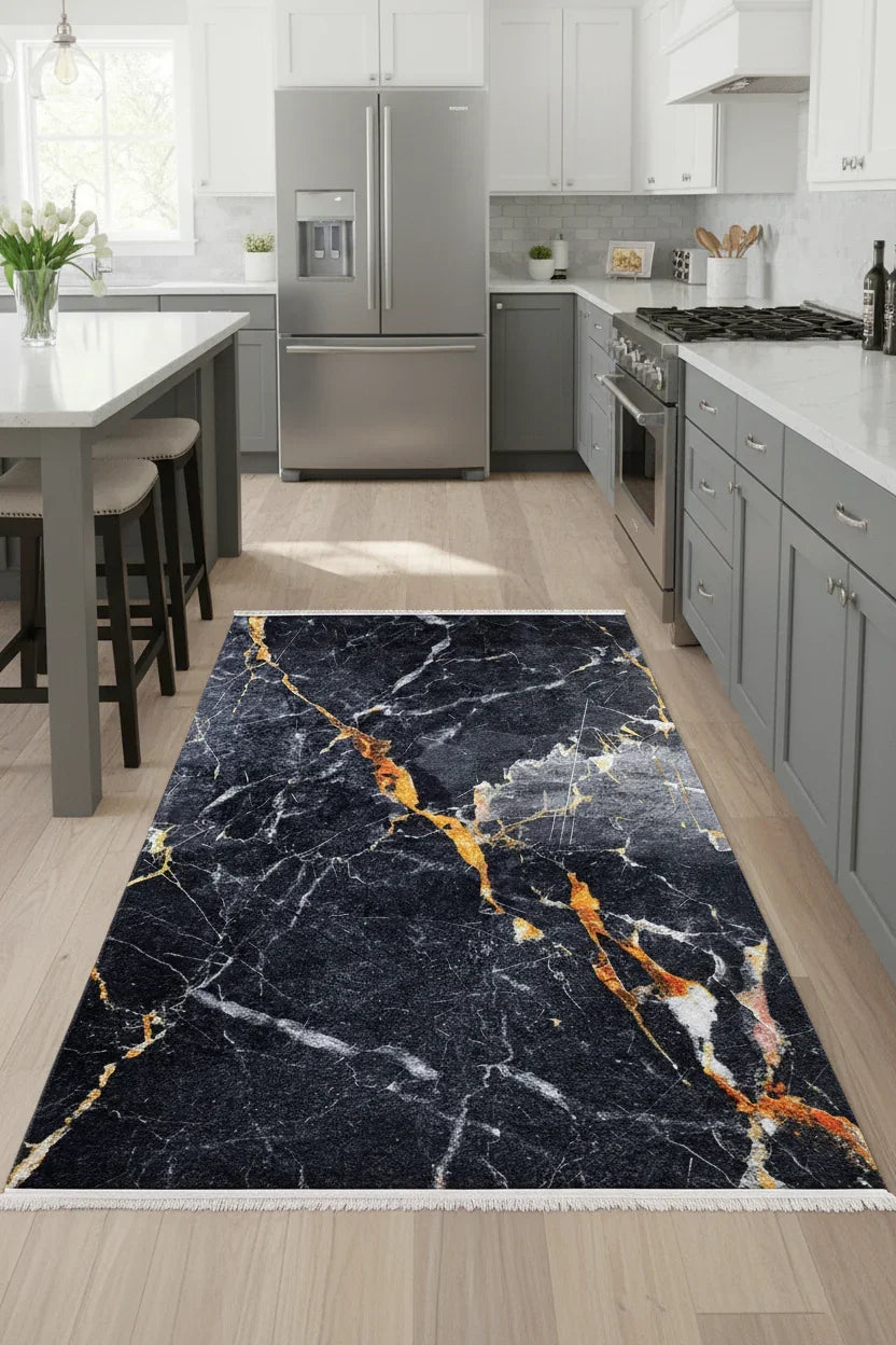 Siyah Altın Mermer Desenli Modern Halı-Pera Halı