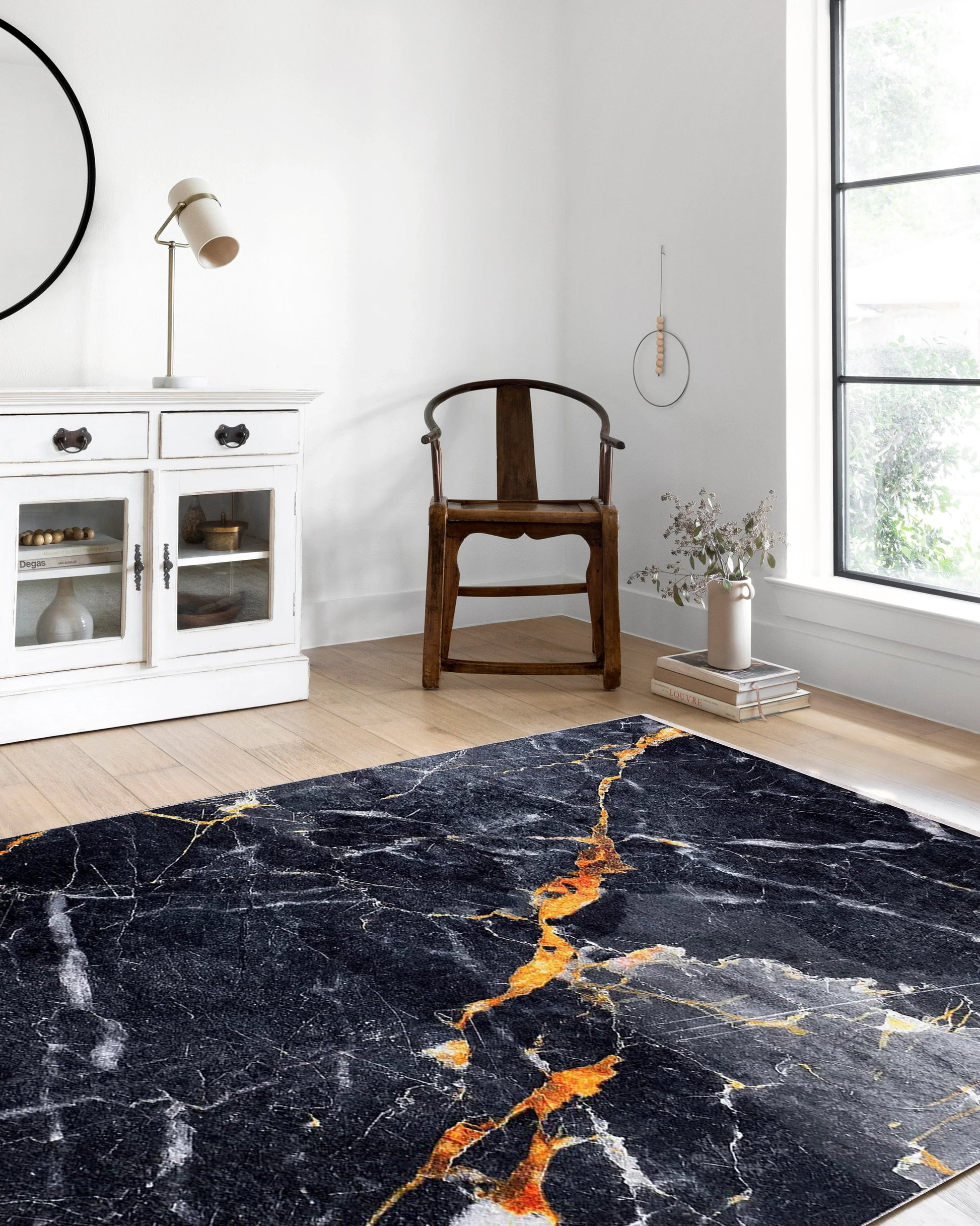 Siyah Altın Mermer Desenli Modern Halı-Pera Halı