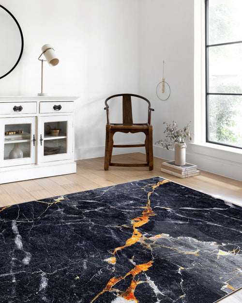 Siyah Altın Mermer Desenli Modern Halı-Pera Halı