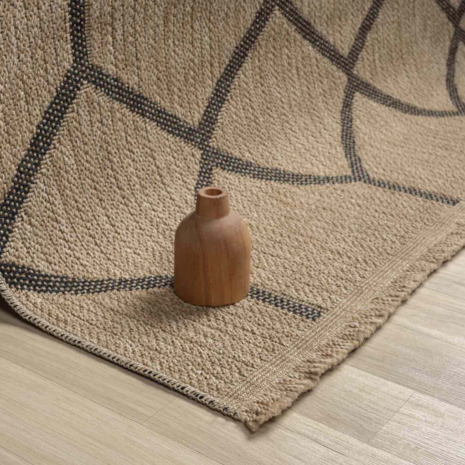 Siyah Bej Altıgen Geometrik Modern Jüt Görünümlü Halı-Pera Halı