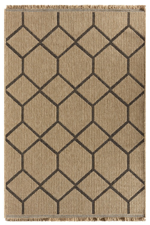 Siyah Bej Altıgen Geometrik Modern Jüt Görünümlü Halı-Pera Halı