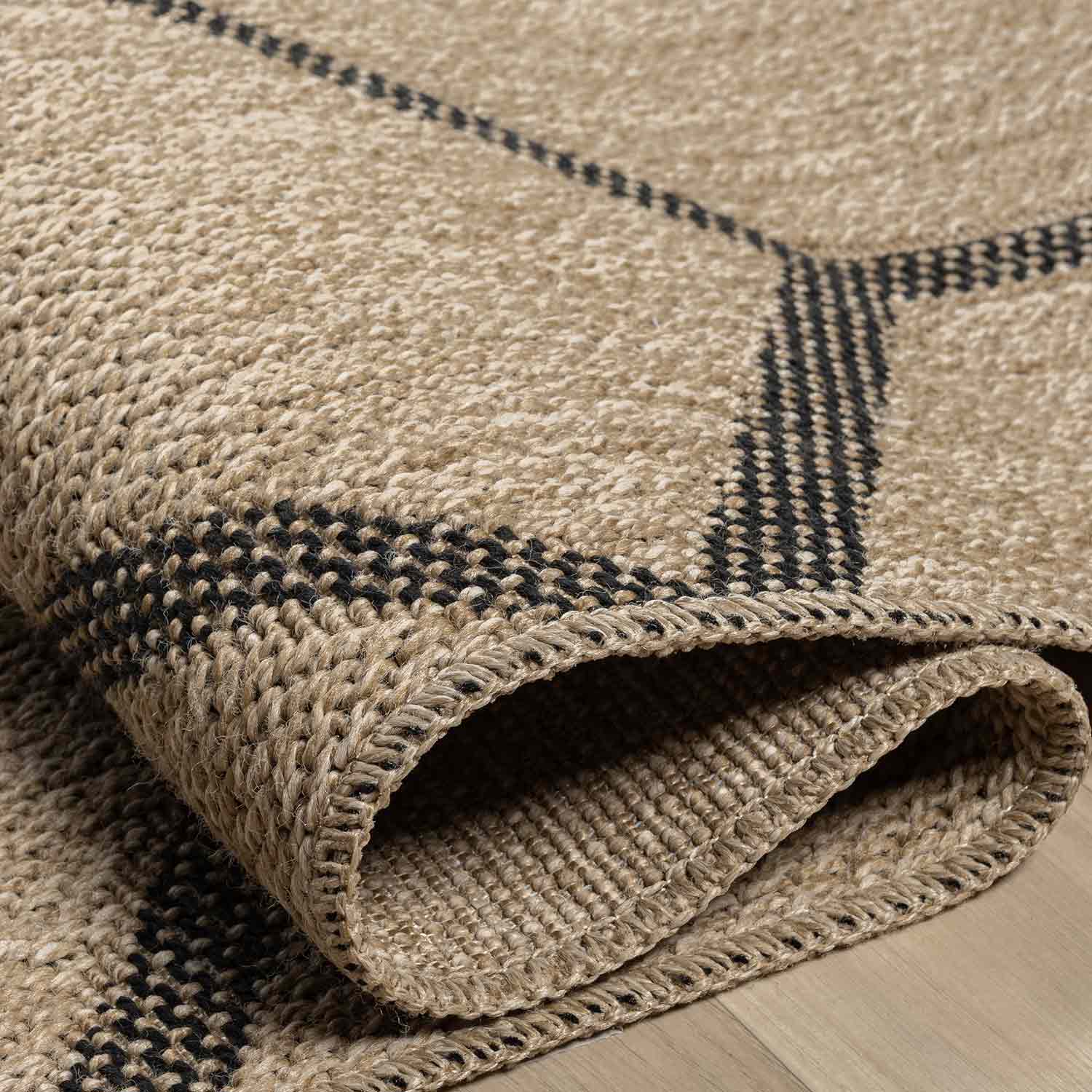 Siyah Bej Altıgen Geometrik Modern Jüt Görünümlü Halı-Pera Halı