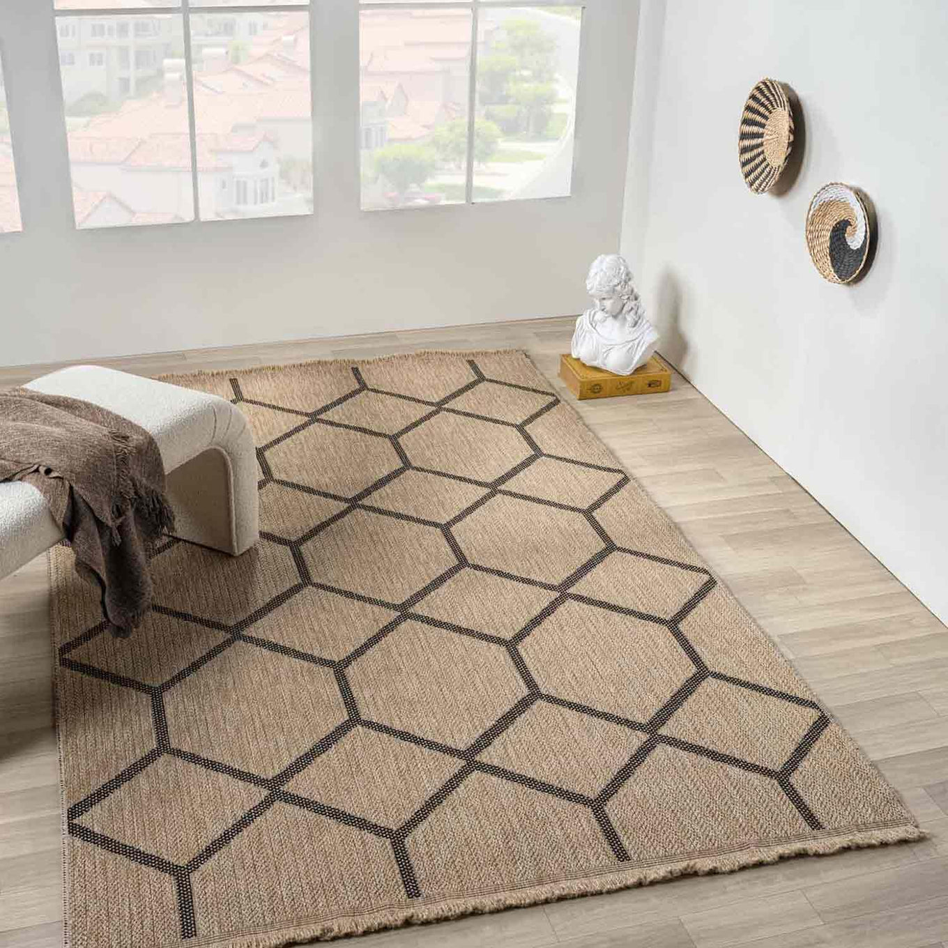 Siyah Bej Altıgen Geometrik Modern Jüt Görünümlü Halı