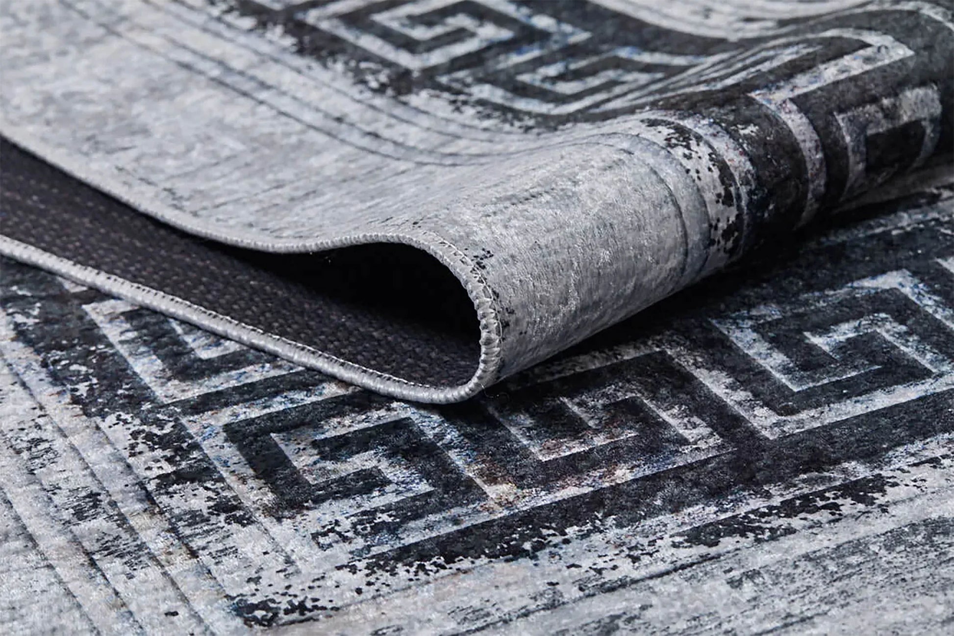 Siyah Beyaz Eskitme Yunan Anahtarı Bordürlü Modern Halı-Pera Halı