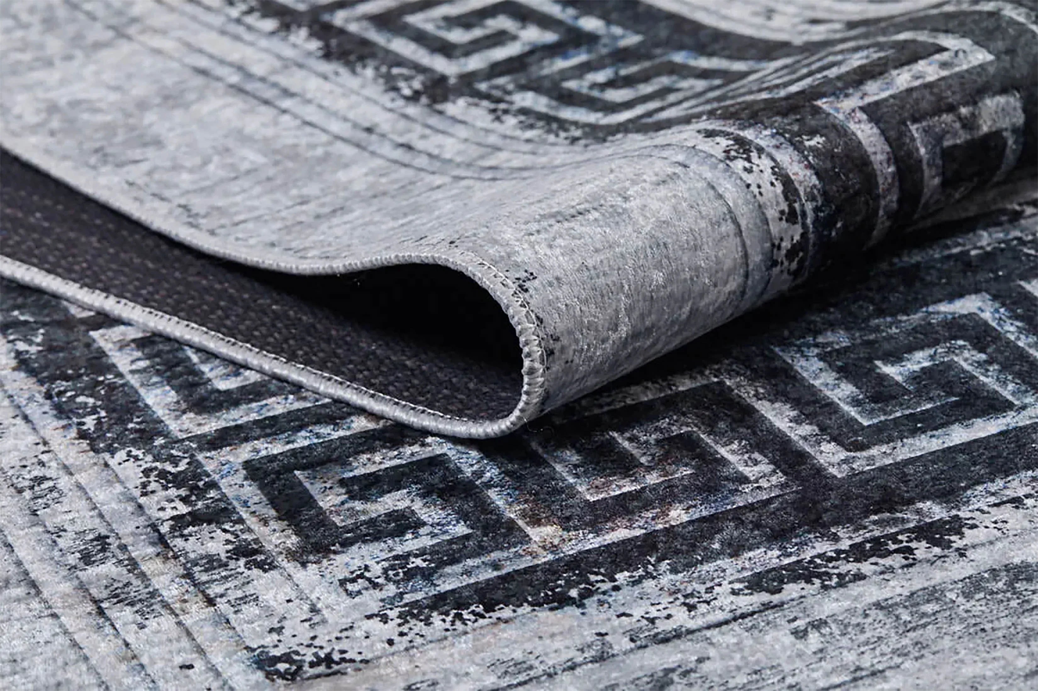 Siyah Beyaz Eskitme Yunan Anahtarı Bordürlü Modern Halı-Pera Halı