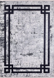 Siyah Beyaz Eskitme Zeminli Art Deco Bordürlü Modern Halı-Pera Halı