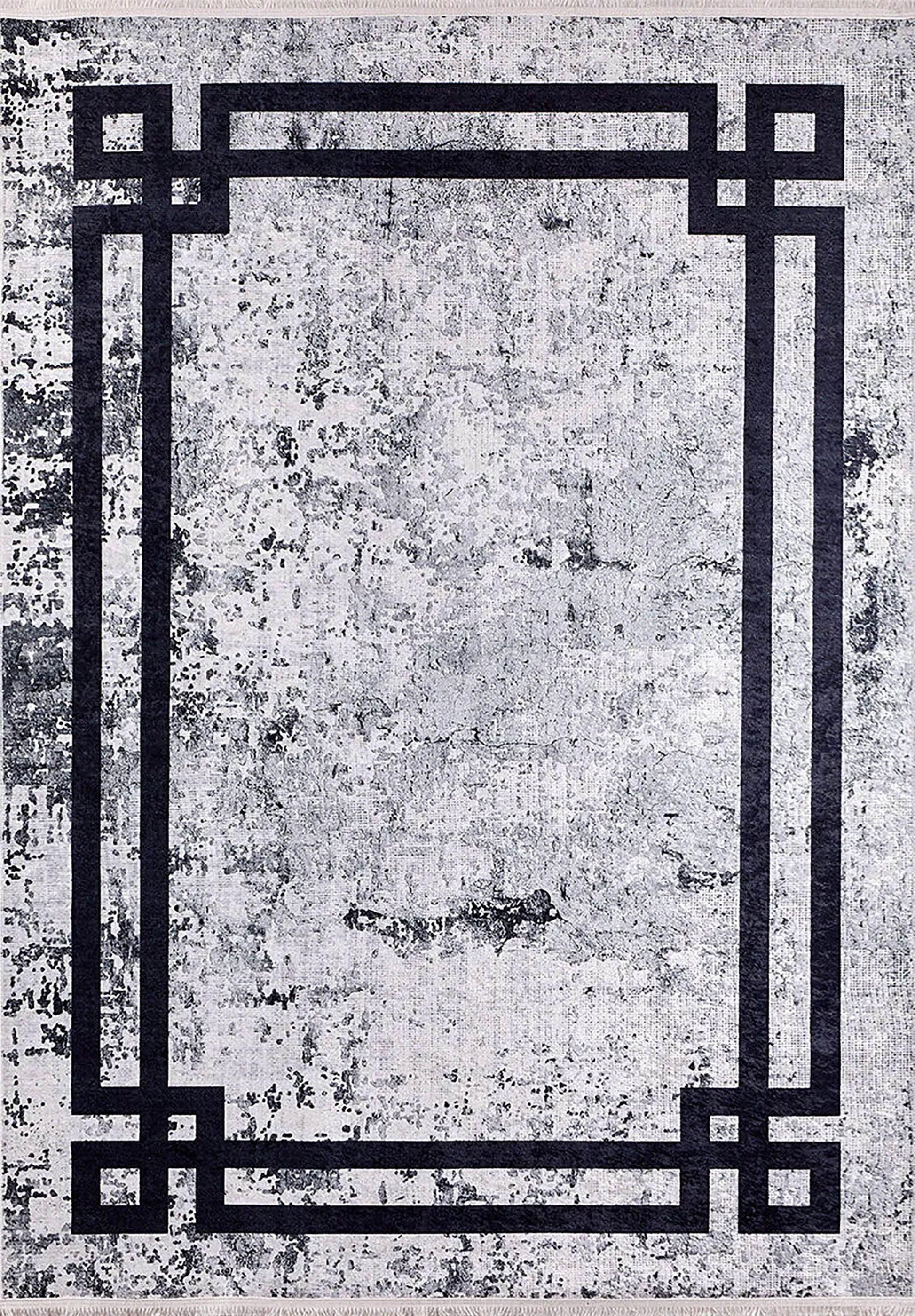 Siyah Beyaz Eskitme Zeminli Art Deco Bordürlü Modern Halı-Pera Halı