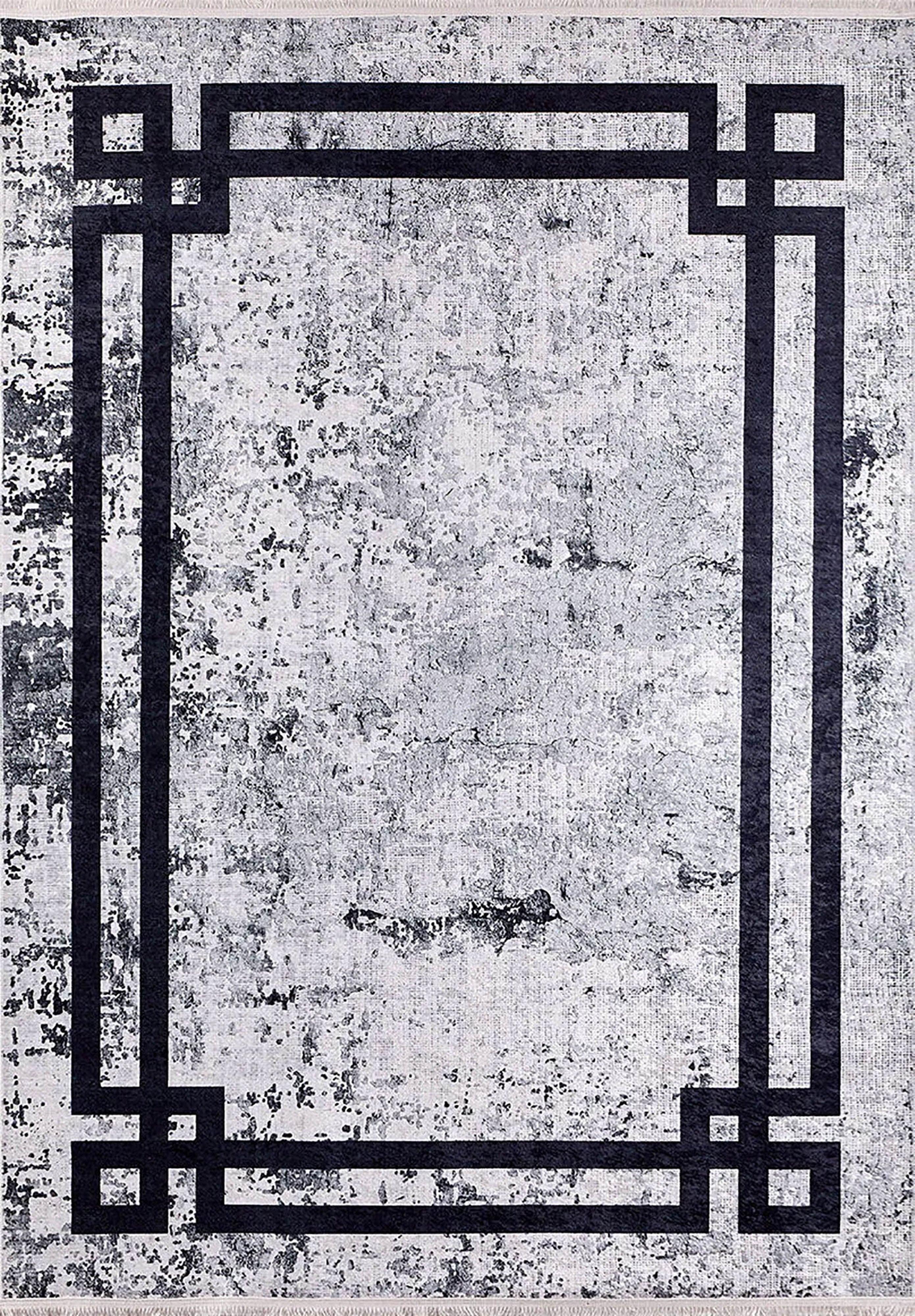 Siyah Beyaz Eskitme Zeminli Art Deco Bordürlü Modern Halı-Pera Halı