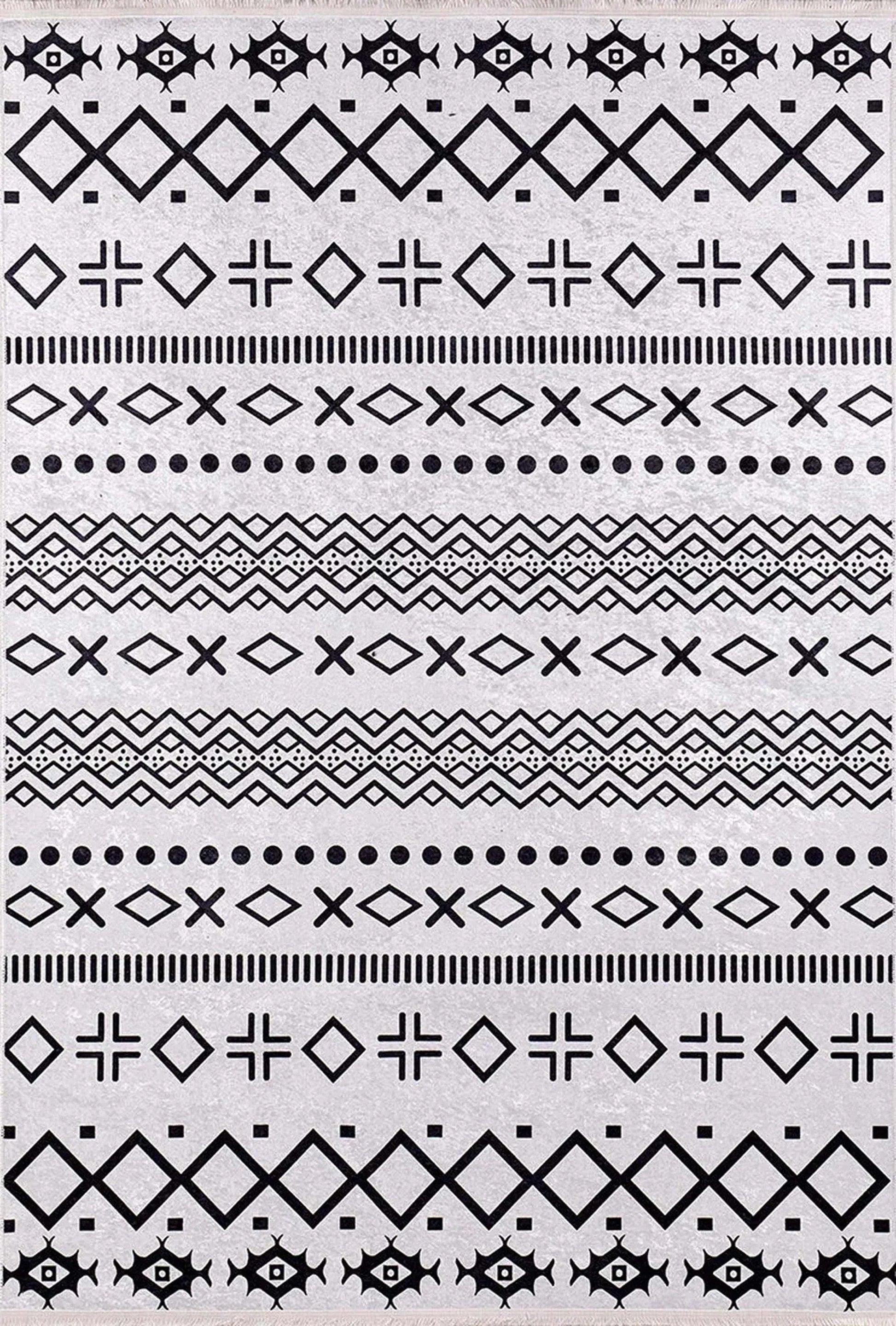 Siyah Beyaz Geometrik Desenli Bohem Halı-Pera Halı
