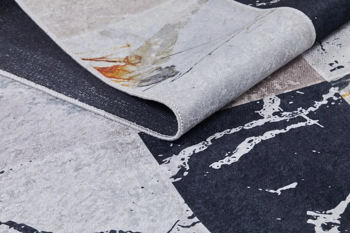 Siyah Beyaz Gri Mermer Desenli Kareli Halı-Pera Halı