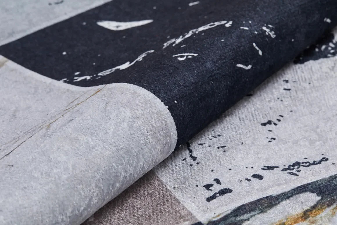 Siyah Beyaz Gri Mermer Desenli Kareli Halı-Pera Halı