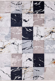 Siyah Beyaz Gri Mermer Desenli Kareli Halı-Pera Halı