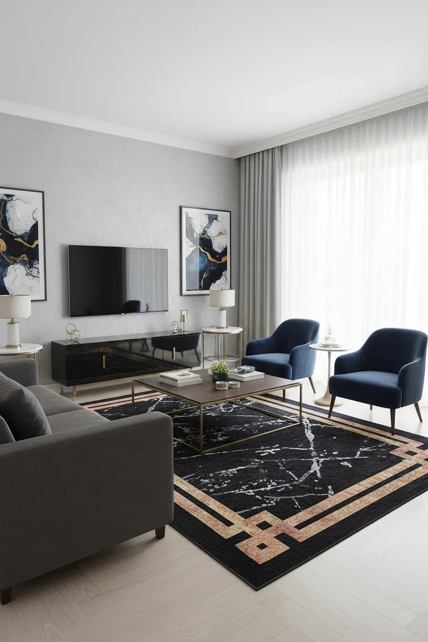 Siyah Beyaz Mermer Tarzı Kenarlı Geometrik Halı-Pera Halı