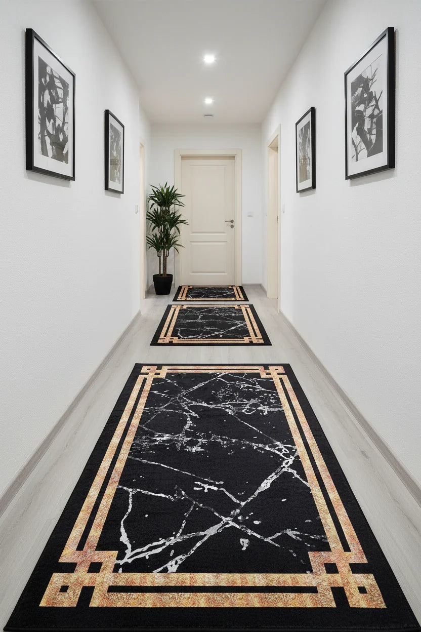 Siyah Beyaz Mermer Tarzı Kenarlı Geometrik Halı-Pera Halı