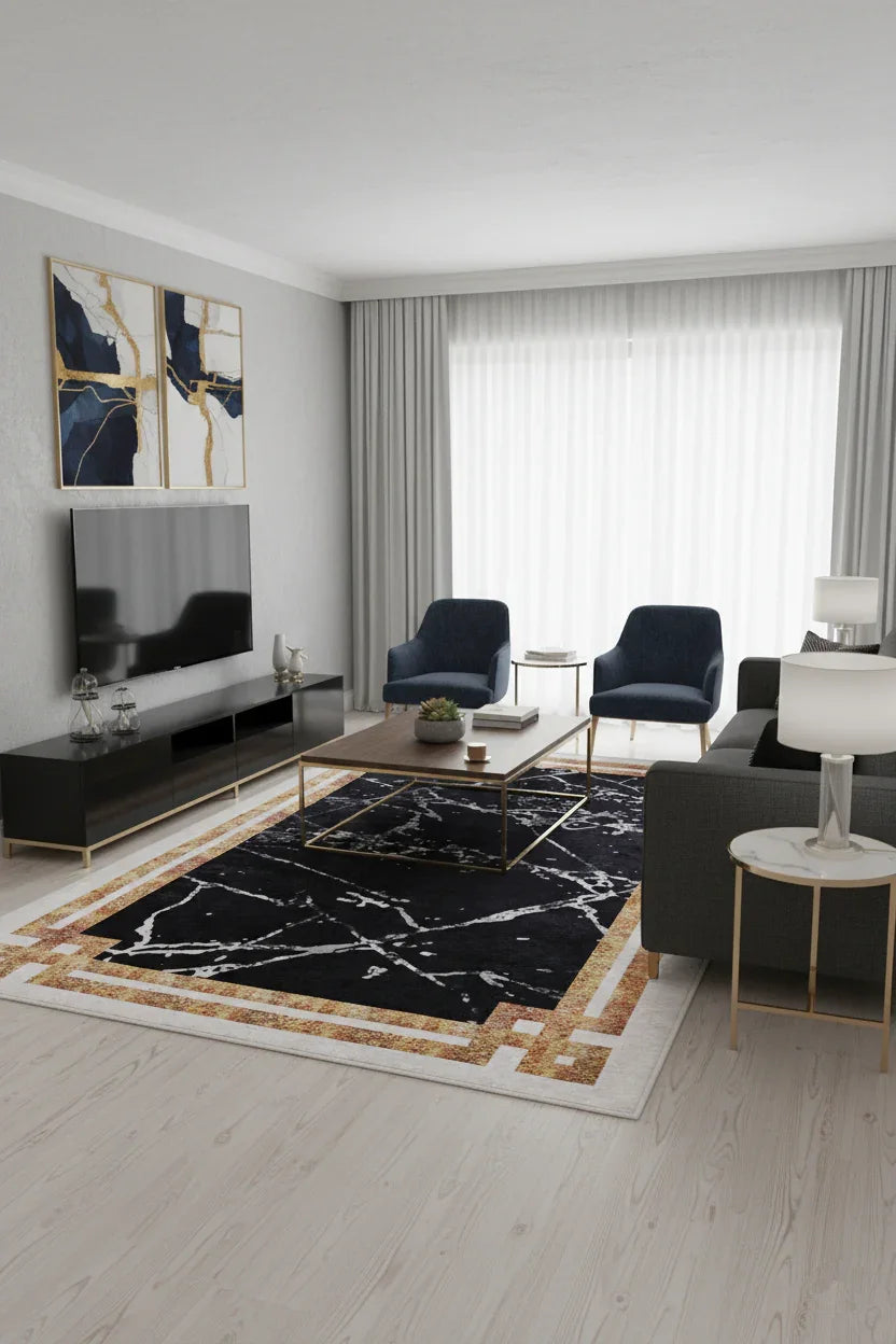 Siyah Beyaz Mermer Tarzı Kenarlı Geometrik Halı-Pera Halı