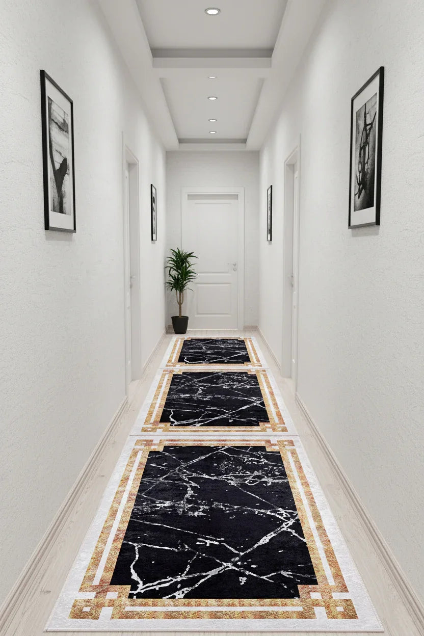 Siyah Beyaz Mermer Tarzı Kenarlı Geometrik Halı-Pera Halı