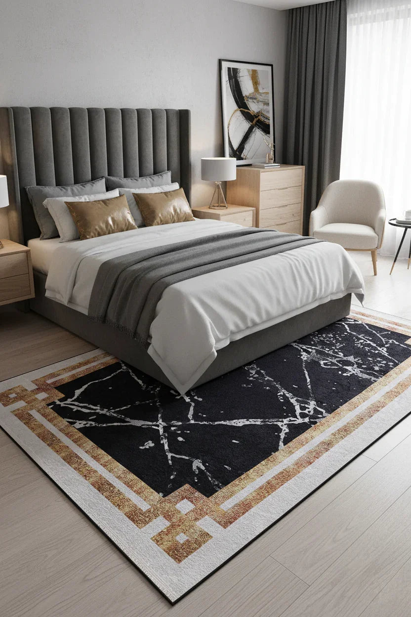 Siyah Beyaz Mermer Tarzı Kenarlı Geometrik Halı-Pera Halı