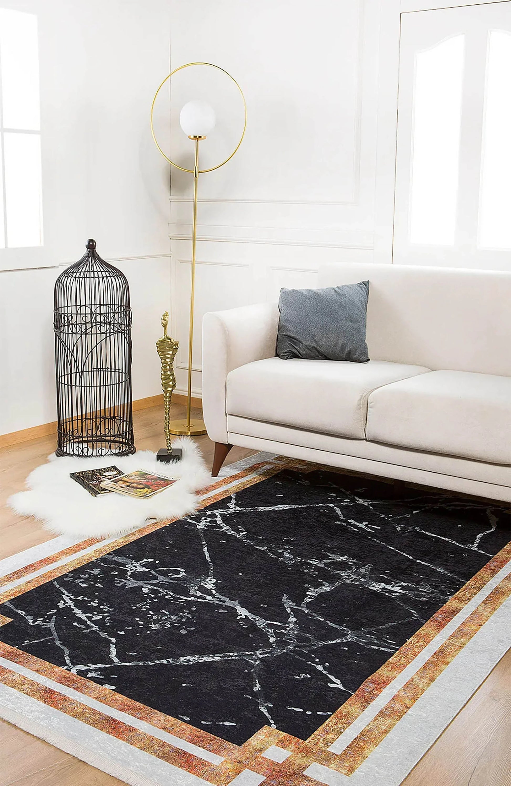 Siyah Beyaz Mermer Tarzı Kenarlı Geometrik Halı-Pera Halı