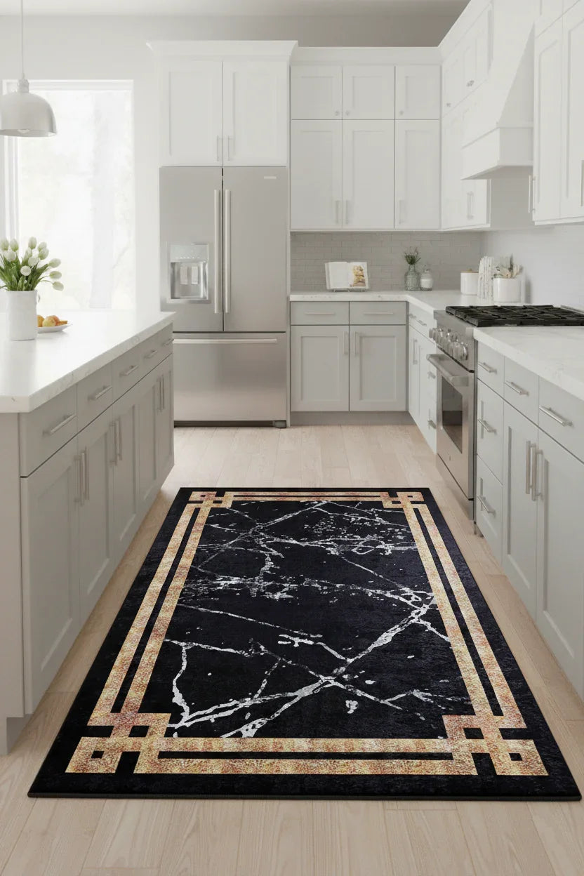 Siyah Beyaz Mermer Tarzı Kenarlı Geometrik Halı-Pera Halı