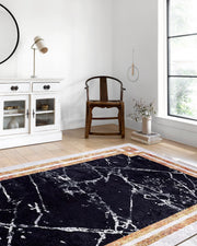 Siyah Beyaz Mermer Tarzı Kenarlı Geometrik Halı-Pera Halı