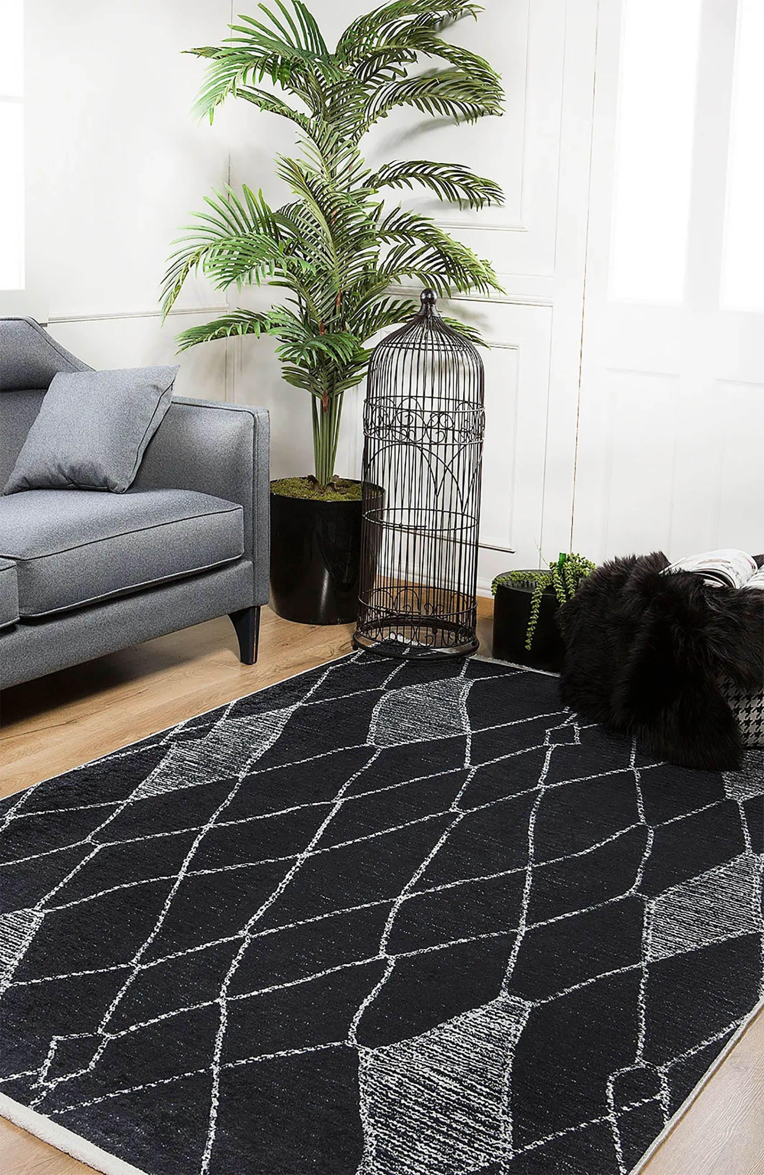 Siyah Beyaz Soyut Baklava Desenli Modern Geometrik Halı-Pera Halı