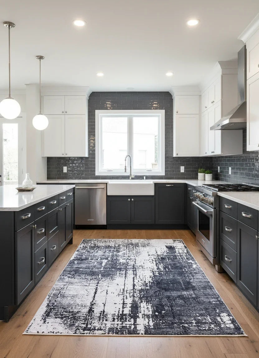 Siyah, Füme ve Beyaz Modern Soyut Sanat Halısı-Pera Halı