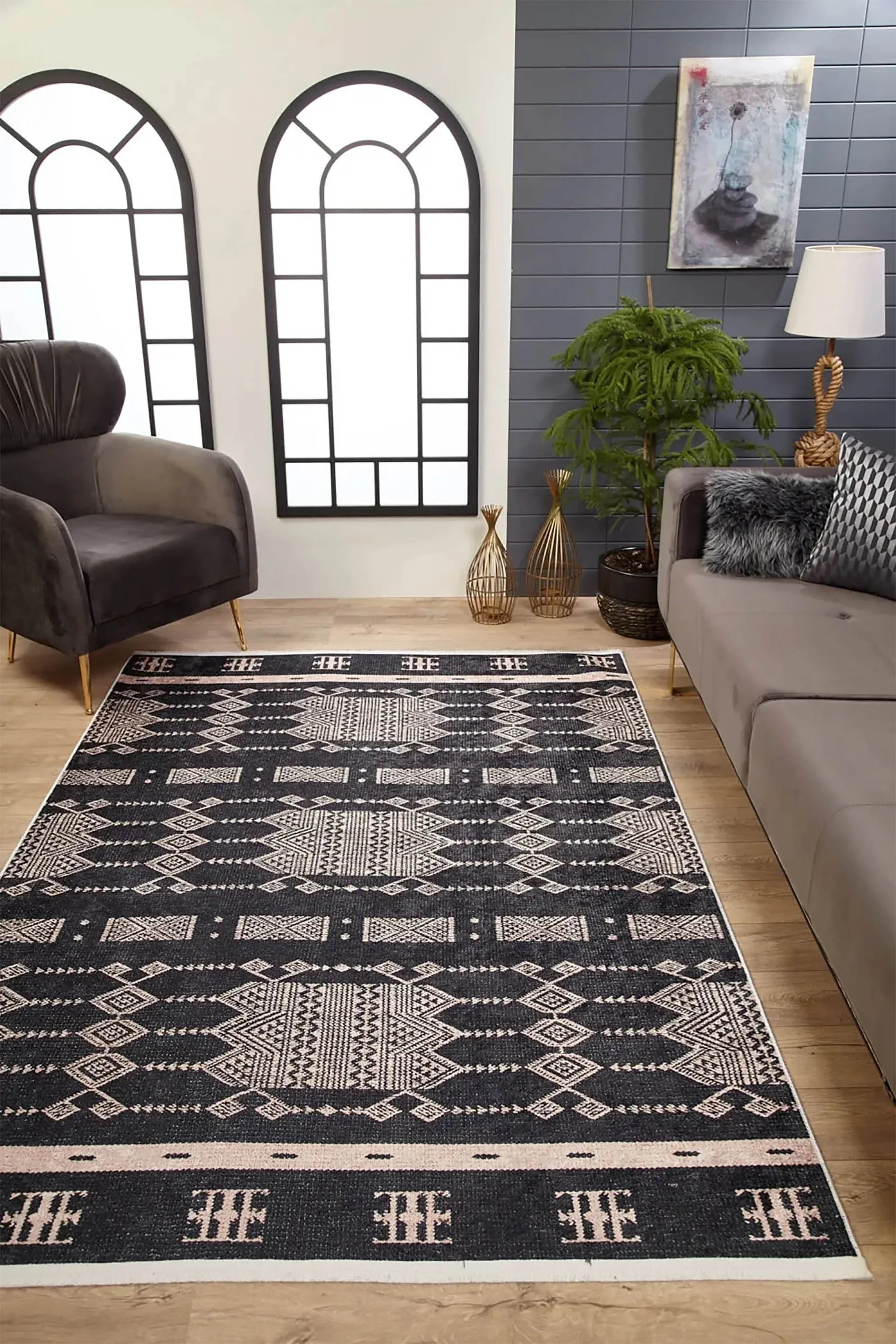 Siyah Geometrik Kilim Halı-Pera Halı