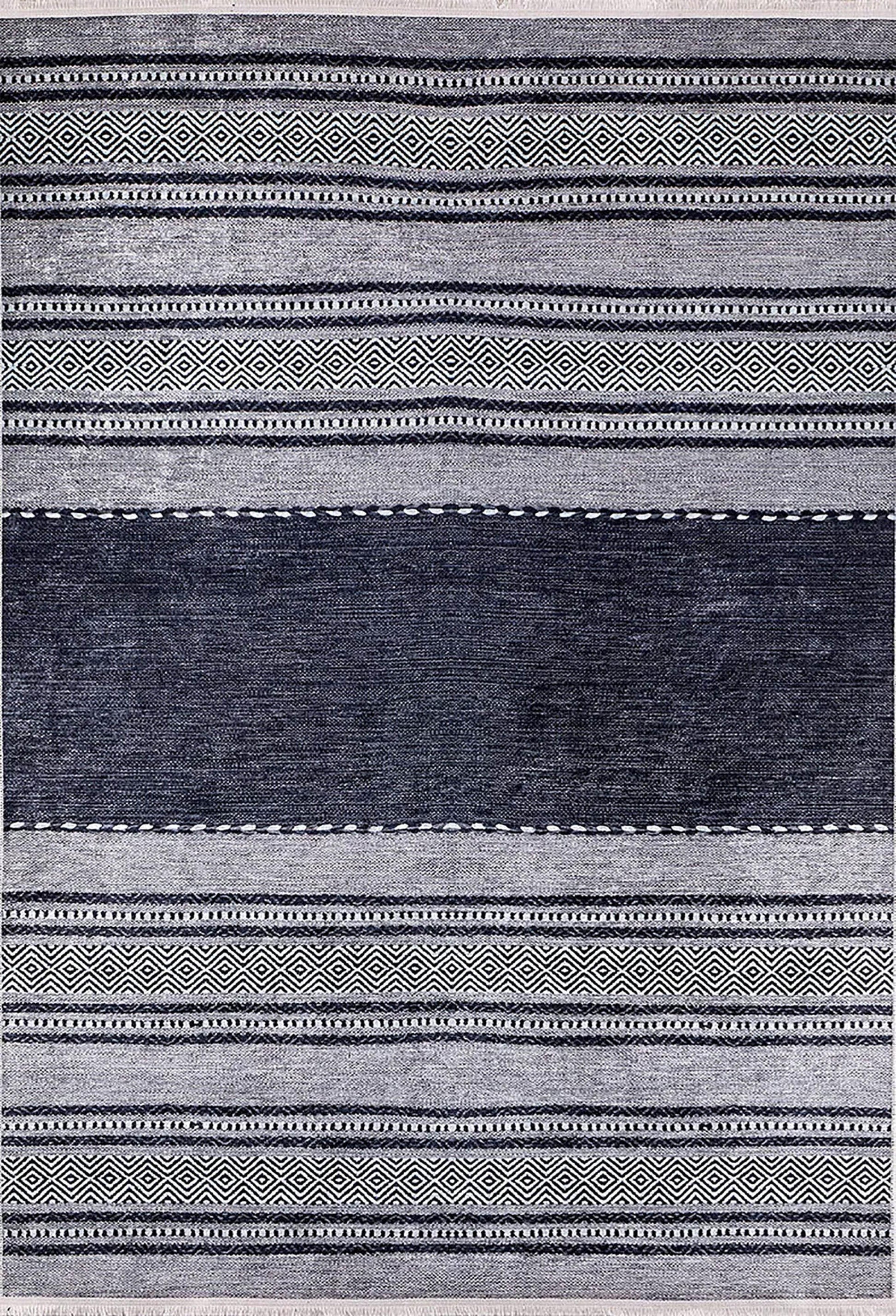 Siyah Gri Etnik Desenli Modern Geometrik Degrade Halı-Pera Halı