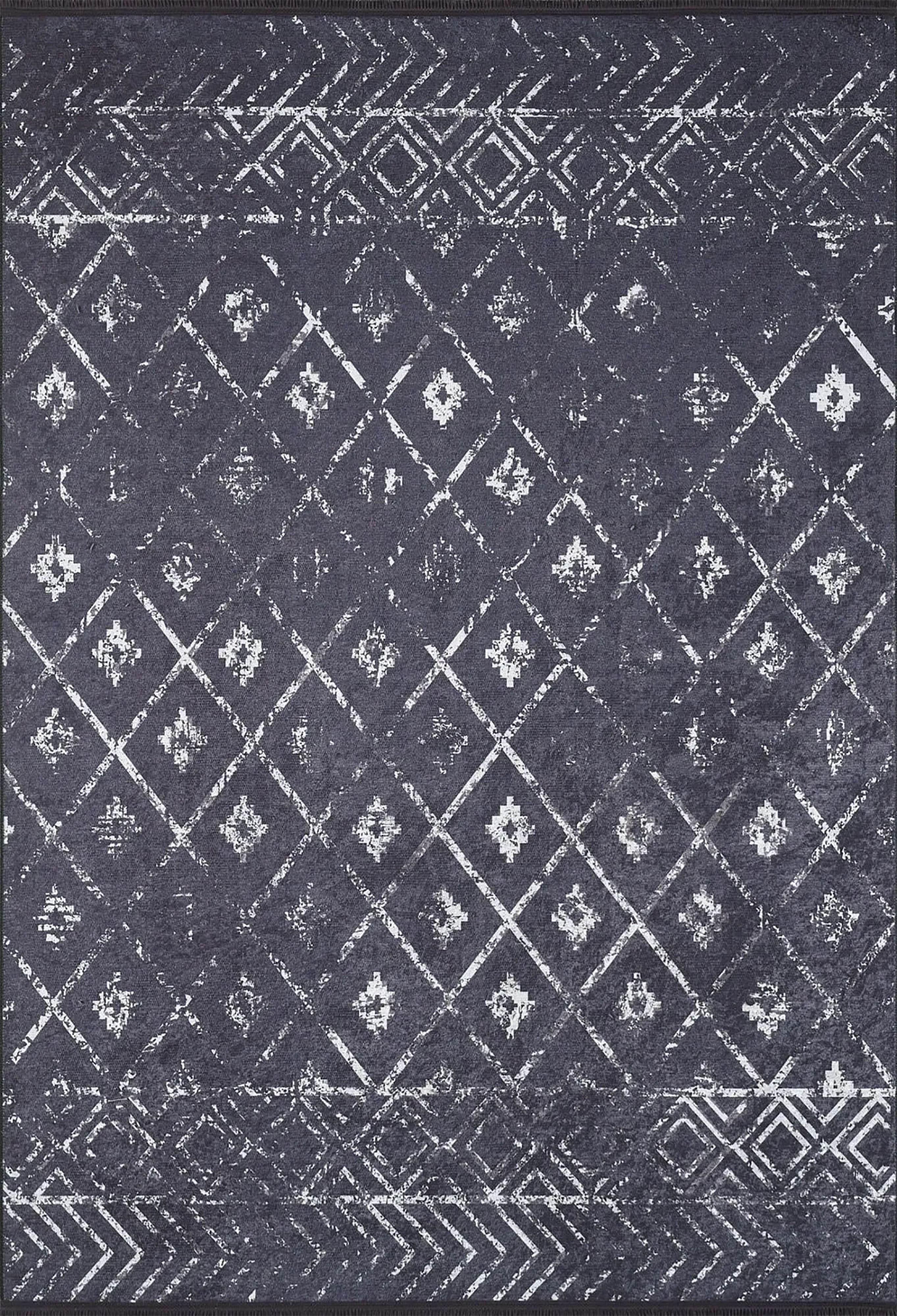 Siyah Gri Geometrik Antika Benzersiz Vintage Halı-Pera Halı