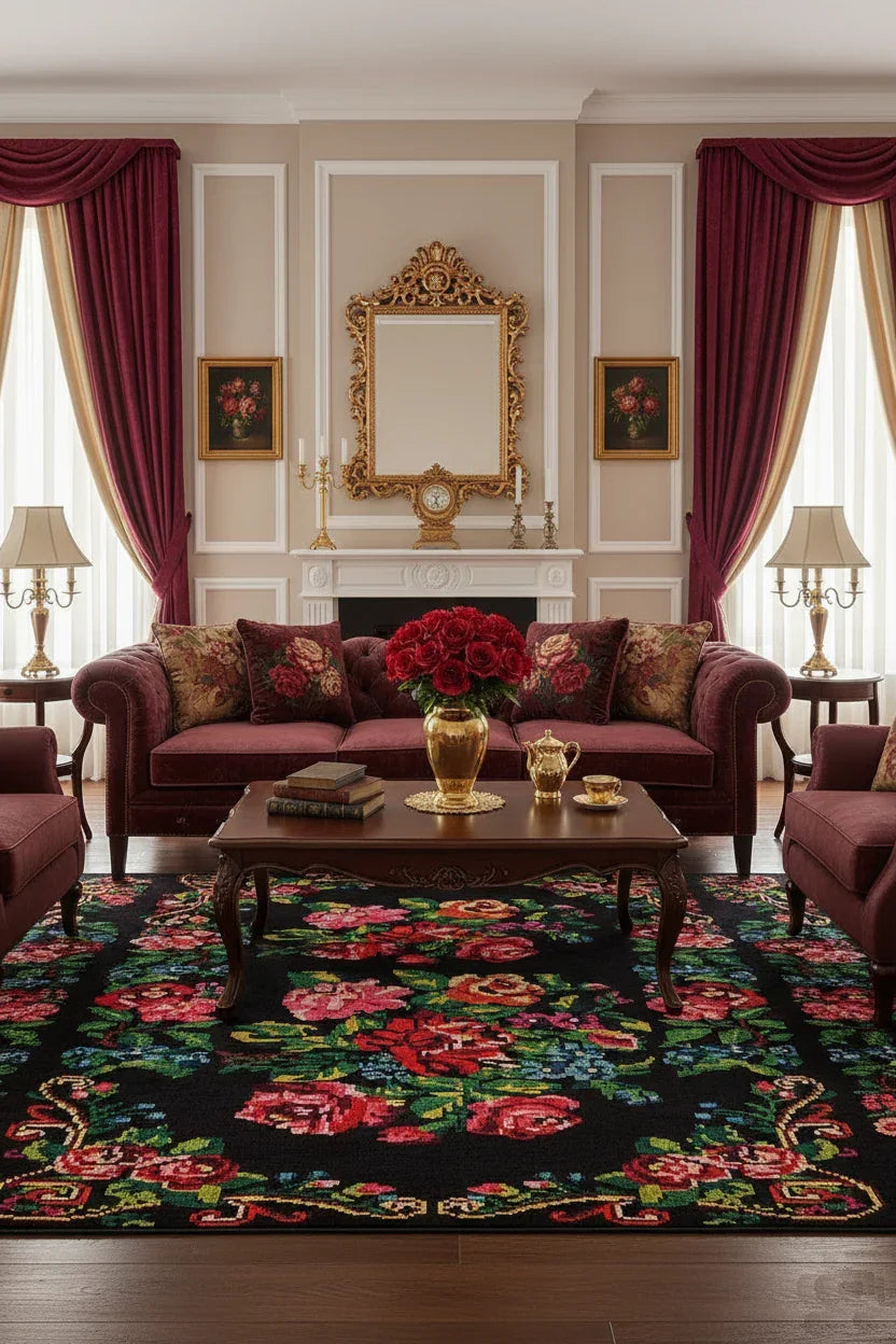 Siyah Gül Desenli Karabağ Kilim Halı-Pera Halı